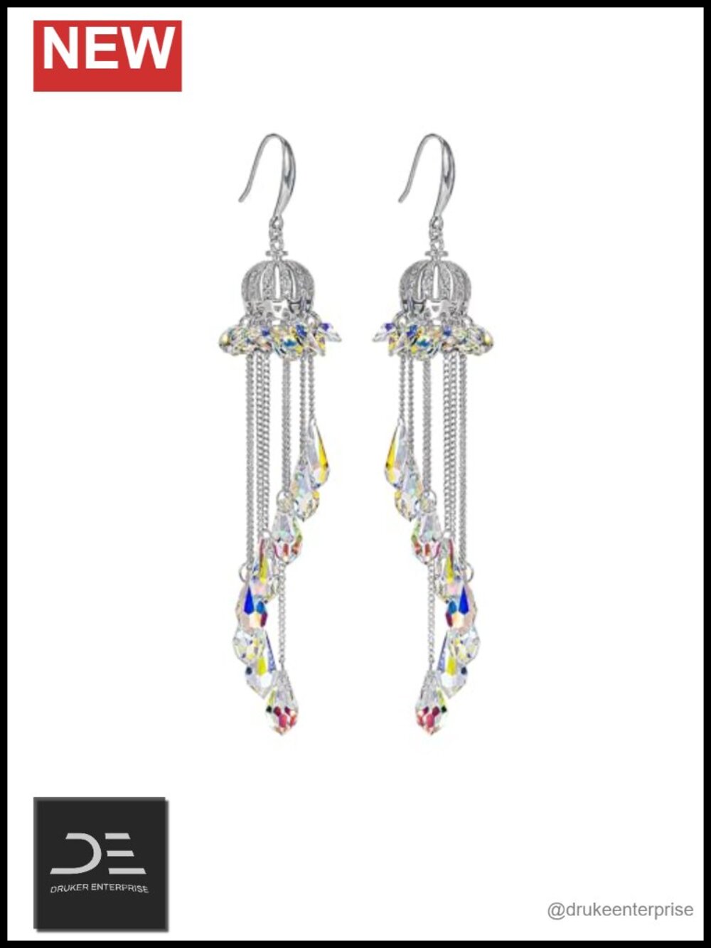 S925 Sterling Silver Crystal Dangle Earrings Long Tassel Crown Drop Jewelry